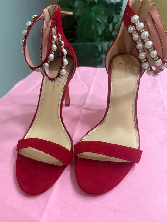 Jessica Simpson Shoes - Jessica Simpson Red Pearl-Embellished Ankle-Strap Heels